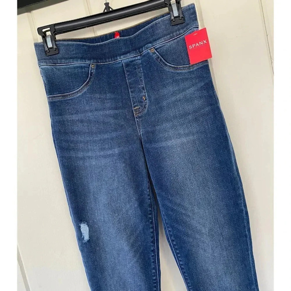 NWT, SPANX, Distressed Denim Legging Skinny Released Hem Ankle Jeans, Blue - Picture 4 of 10